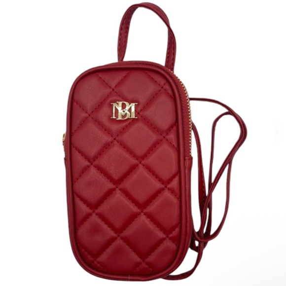 Badgley Mischka Crossbody Oval Phone Case Quilted Bag Red Gold Leather - Picture 1 of 12
